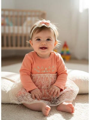 Kids Kingdom Pamuklu Çiçek Nakışlı Dantelli Kız Bebek Elbise