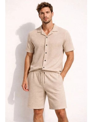 Giyim Center Erkek Waffle Kısa Kollu Gömlek Şort Takım Regular Fit Ikili Set - Bej