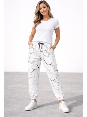 Giyim Center Kadın Dijital Baskılı Eşofman Altı Üç Iplik Şardonlu Lastikli Paça Cepli Kalıp - Beyaz