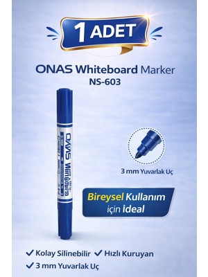 Maarketim ONAS Whiteboard Marker NS-603 Mavi Tahta Kalemi 3 mm Yuvarlak Uç