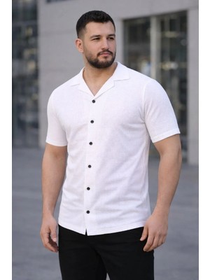 Giyim Center Erkek Waffle Kumaş Kısa Kollu Düğmeli Açık Yaka Regular Fit Gömlek - Beyaz