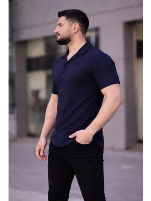 Giyim Center Erkek Waffle Kumaş Kısa Kollu Düğmeli Açık Yaka Regular Fit Gömlek - Lacivert