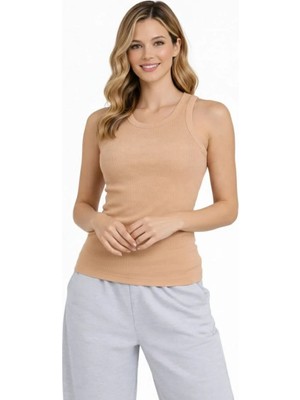 Giyim Center Kadın Fitilli Atlet Sıfır Yaka Slim Fit Arka Baskılı Spor Atlet - Bej