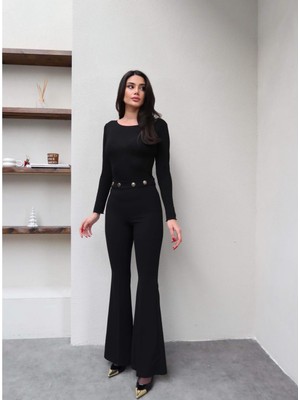 Qimya Butik Keyymod Kadın Kemeri Düğme Detaylı Ince Kumaş Ispanyol Paça Fitted Pantolon