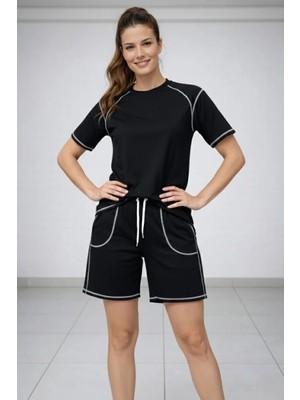 Giyim Center Kadın Spor Tişört Şort Takım Kontrast Dikiş Detaylı Ovarsize Rahat Kalıp - Siyah