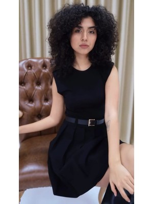 Qimya Butik Keyymod Kadın Üstü Penye Altı Pileli Pamuk Kumaş Kemerli Kolsuz Vatkalı Kısa Elbise