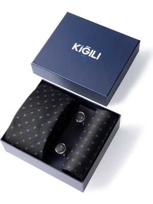 Kiğılı 3'lü Desenli Kravat & Mendil & Kol Düğmesi Hediye Kutulu Set