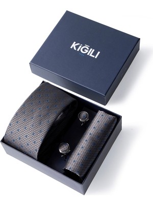 Kiğılı 3'lü Desenli Kravat & Mendil & Kol Düğmesi Hediye Kutulu Set