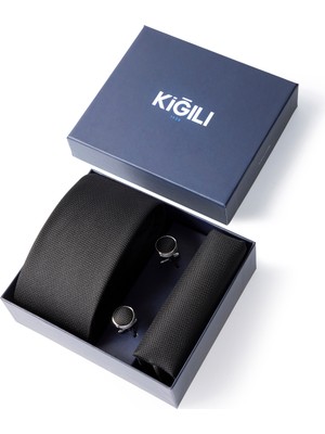 Kiğılı 3'lü Desenli Kravat & Mendil & Kol Düğmesi Hediye Kutulu Set
