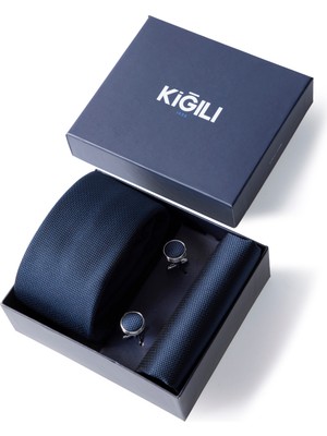 Kiğılı 3'lü Desenli Kravat & Mendil & Kol Düğmesi Hediye Kutulu Set
