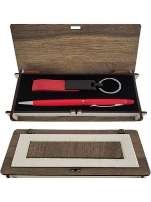 Nuvigo Ahşap Kutulu Kırmızı Anahtarlık ve Kalem Set