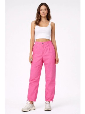 Giyim Center Kadın Paraşüt Kumaş Pantolon Bel ve Paça Ayarlanabilir Lastikli Spor Pantolon - Pembe