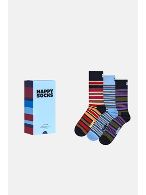 Happy Socks - Çok Renkli Çizgi Desenli 3\'lü Pamuklu Çorap Seti