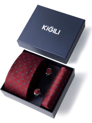 Kiğılı 3'lü Desenli Kravat & Mendil & Kol Düğmesi Hediye Kutulu Set