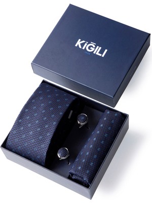 Kiğılı 3'lü Desenli Kravat & Mendil & Kol Düğmesi Hediye Kutulu Set