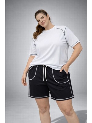 Giyim Center Kadın Battal Beden Kısa Kollu Tişört Şort Takım Kontrast Dikiş Detaylı Günlük Ev Giyimi - Beyaz
