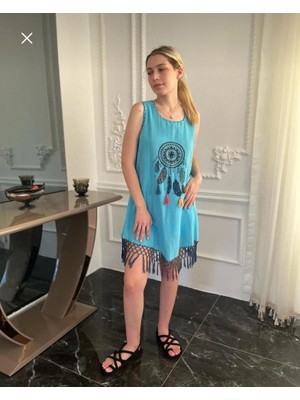 Kadın Mavi Naturel Dokuma Etnik Yazlik Mini Elbise