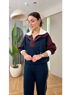 Qimya Butik Keyymod Kadın Paraşüt Detaylı Renk Bloklu Bol Pantolonlu Modal Sweat-Pantolon Takım