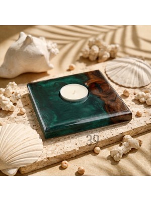 39 Art Studio Classic Ceviz & Epoksi Mumluk – El Yapımı Tealight Mumluk – 12X12 cm Tasarım Dekoratif Mumluk