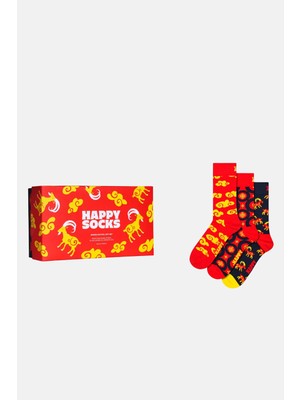 Happy Socks - Kırmızı Boğa Desenli 3\'lü Pamuklu Çorap Seti