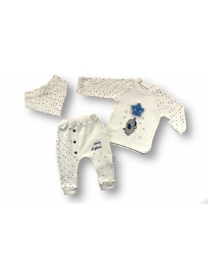 DMR Elegance 3-6 6-9 9-12 Ay Kutup Yıldızı Nakışlı Bandajlı Uzun Kollu Sweat 3lü Erkek Bebek Takımı Ekru