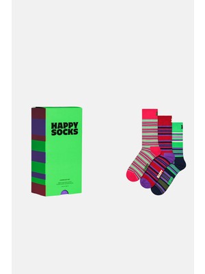 Happy Socks - Çok Renkli Çizgi Desenli 3\'lü Pamuklu Çorap Seti