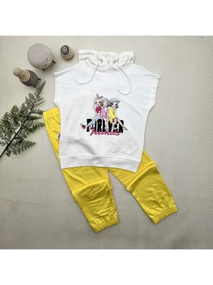 DMR Elegance 3-4-5 Yaş Forever Cici Kızlar Baskılı Kapşonlu 2li Kız Çocuk Takımı Sarı