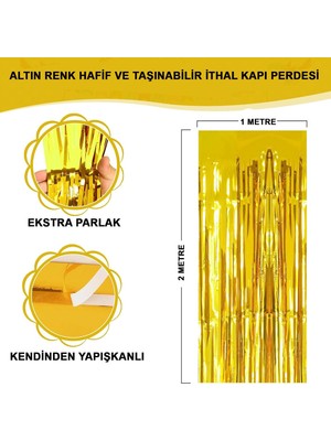 Evvano Altın Gold Renk Ekstra Metalize Parlak Saçaklı Arka Fon Perde Ithal A Kalite 1x2 Metre