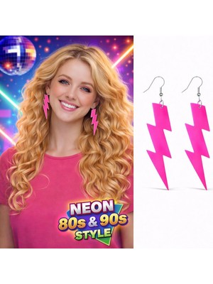 Evvano 80’ler 90'lar Retro Neon Pembe Şimşek Küpe 10 cm