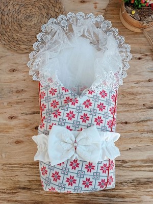 DMR Elegance Yenidoğan Kar Tanesi Desenli Dantelli Duvaklı Bebek Battaniyesi Kundak Ekru