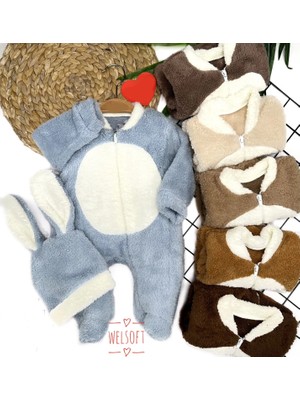 DMR Elegance 3-6-9-12 Ay Tavşan Kulak Şapkalı Fermuar Kapamalı Patikli Eldivenli Tüylü Erkek Bebek Tulumu Krem