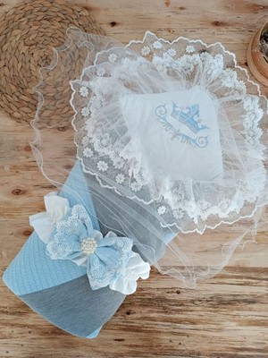 DMR Elegance Yenidoğan Teri Cotton Taç Nakışlı Prizma Taş Kundak Bebek Battaniyesi Mavi
