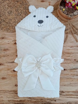 DMR Elegance Yenidoğan Beyaz Wool Yün Kumaş Ayıcık Kulaklı Kundak Bebek Battaniyesi Beyaz