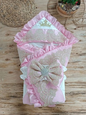 DMR Elegance Yenidoğan Grand Lüks Kelebek Ağır Güpür Işlemeli Şapkalı Bebek Battaniyesi Kundak Pembe