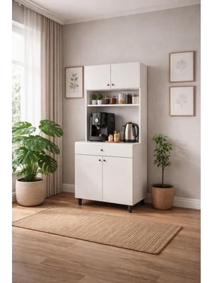 Uğur Ranza Modern Kahve Köşesi Dolabı – Raflı Çok Amaçlı Kahve Ünitesi | Mutfak & Ofis Uyumlu 4 Kapaklı  1 Çekmeceli