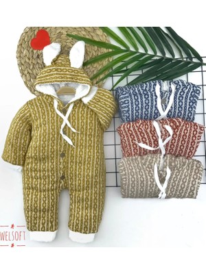 DMR Elegance 6-9-12-18 Ay Düğme Kapamalı Kulaklı Kapşonlu Triko Kumaş Kız Erkek Bebek Tulumu Kahverengi