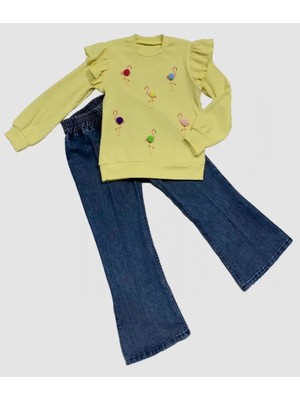 DMR Elegance 4-5-6 Yaş Kot Pantolonlu Flamingo Desenli Penye Sweat Uzun Kollu 2li Kız Çocuk Takımı Sarı