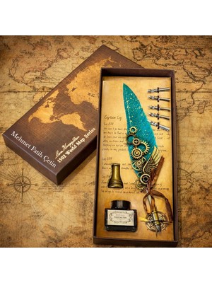 Keyfim Shop Kişiye Özel Lüks Tüylü Divit Kalem Seti – Mürekkep Şişeli, Kutulu Vintage Yazı Seti, Dekoratif Hediye Kalem