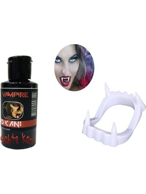 Evvano Beyaz Renk Çift Damak Takma Vampir Dişi ve 50 gr Tiyatro Kanı