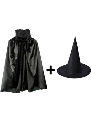 Evvano Siyah Yakalı Pelerin ve Siyah Cadı Şapkası Seti Çocuk Boy