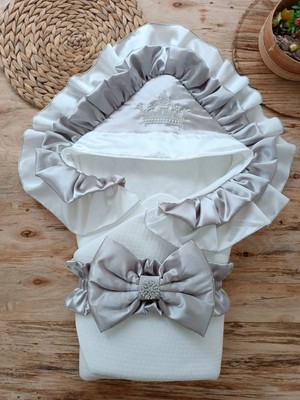 DMR Elegance Yenidoğan Mehtap Lüks Kelebek Taç Nakışlı Bebek Battaniyesi Kundak Gri