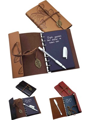 Wolawood Siyah Yapraklı Deri Kapaklı Defter ve Beyaz Jel Kalem Seti Vintage Günlük Not Defteri Özel Tasarım Hediye Seti Çizim Yazı Ajanda Sanatsal Tasarım Defter Seti