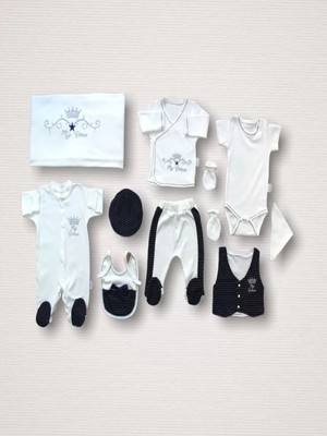 DMR Elegance Süper Prens Nakışlı  10LU Zıbın Takımı Hastane Çıkışı Lacivert