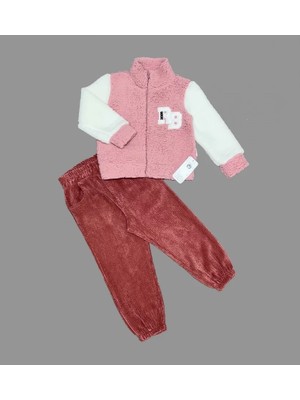 DMR Elegance 1-2-3 Yaş Kuzu Kumaş Fermuarlı Sweat Kadife Pantolonlu Uzun Kollu Kız Erkek Çocuk 2li Takım Gül Kurusu