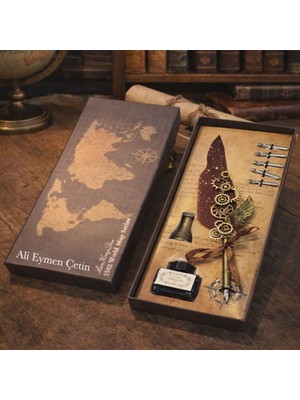 Keyfim Shop Kişiye Özel Lüks Tüylü Divit Kalem Seti – Mürekkep Şişeli, Kutulu Vintage Yazı Seti, Dekoratif Hediye Kalem