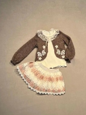 DMR Elegance 1-2-3 Yaş Brode Etekli Örme Hırkalı Uzun Kollu Sweat 3lü Kız Çocuk Takımı Kahverengi