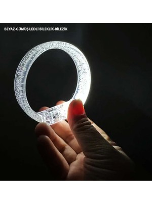 Evvano Beyaz-Gümüş LED Işıklı Baskı Yapılabilen Pilli Bileklik Bilezik 1,5 cm Genişlik