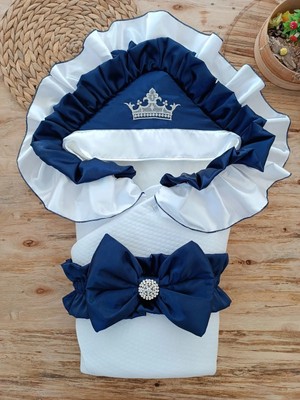 DMR Elegance Yenidoğan Mehtap Lüks Kelebek Taç Nakışlı Bebek Battaniyesi Kundak Lacivert