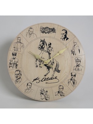 Pelince Atatürk Portreli Ahşap Üzerine Lazer Kazıma Duvar Saati - 30 cm Imzalı Modern Atatürk Duvar Dekoru