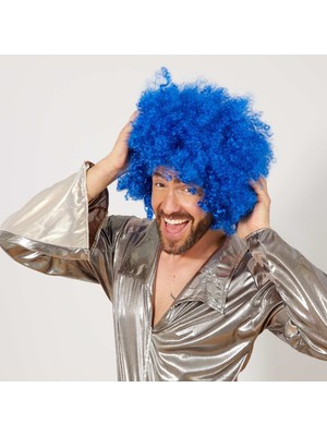 Evvano Mavi Renk Kıvırcık Afro Bonus Peruk